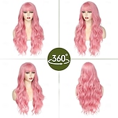 cheap Party Wigs-Wig With Bangs Long Wavy Wigs for Women Curly Wavy Wig With Bangs Natural Looking Synthetic Heat Resistant Fiber Wig Halloween Cosplay Party Wigs