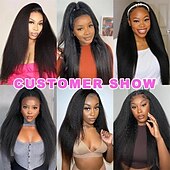 economico Parrucche lace front capelli veri-Capelli umani di Remy 13x4 Pizzo Frontale Parrucca Parte libera Brasiliano Kinky liscia Nero Parrucca 150% Densità dei capelli con i capelli del bambino Senza colla Pre-a pizzico Per parrucche per le
