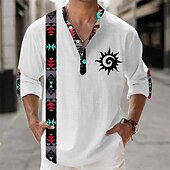 cheap Ethnic Pattern-Men&#039;s Shirt Button Up Shirt Long Sleeve Tribal Fashion Casual Vacation Causal Casual Summer Spring &amp;  Fall Stand Collar Buttons Print White Yellow Blue Gray