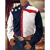 preiswerte Flaggenmuster-Herren Amerikanische Flagge Westernhemd Knopfhemd Cowboy-Shirt Langarm westlicher Stil Täglich Umlegekragen Hemden mit Kragen 3D-Druck Vordertasche Schwarz Weiß Rote Blau