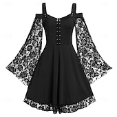 baratos Vestidos-Retro Vintage Medieval Renascentista Vestidos Viking Elfo Renda Mulheres Fantasia Baile de Máscaras Casual / Diário Adulto Vestido
