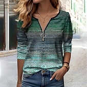 billige Boho t-skjorte-Dame T skjorte Grafisk Mote Langermet V-hals Halv glidelås Vanlige topper Daglig Helg Trykt mønster Quarter Zip Blå Brun Grønn Vår &amp; Vinter