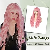 cheap Party Wigs-Wig With Bangs Long Wavy Wigs for Women Curly Wavy Wig With Bangs Natural Looking Synthetic Heat Resistant Fiber Wig Halloween Cosplay Party Wigs