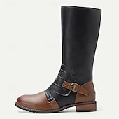 cheap Biker Boots-Men&#039;s Vintage Black and Brown Leather Riding Boots - Retro Knee-High Boots with Buckle Detail for Casual and Outdoor Wear