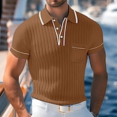 cheap Men&#039;s Classic Polo-Men&#039;s Knit Polo Sweater Pullover Casual Lapel Short Sleeve Beach Old Money Style Lines / Waves Pocket Summer Spring Black Navy Blue Brown Chocolate Knit Polo Sweater