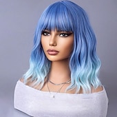 cheap Party Wigs-Short Bob Blue Wig Short Curly Wavy Wig With Bangs for Women Heat Resistant Synthetic Hair Wigs Halloween Cosplay Party Wigs