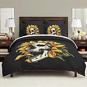 baratos Quarto de Halloween-Conjunto de capa de edredom com caveira floral de Halloween – inclui capa de edredom e fronhas – design assustador e festivo – tecido macio e confortável – perfeito para decoração de casa de Halloween