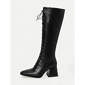 billige Mote støvler-vintage svart-hvitt rutete lace-up knehøye støvletter for kvinner med blokkhæl for uformell høst- og vintermote