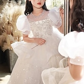 olcso Virágos ruhák-Girls &#039; 3D Tömör szín Virágos lány ruha Party ruha Rövid ujjú Nyár Teljesítmény Esküvő Parti Hercegnő gyönyörű Édes Gyerekek 4-12 év Party ruha Swing ruha Tüllruha Maxi Normál