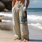 cheap Holiday-Men&#039;s Octopus Linen Pants Pants Trousers Baggy Pants Mid Waist Vintage Outdoor Daily Wear Streetwear Side Pockets Elastic Drawstring Design Black White Blue