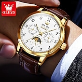 cheap Mechanical Watches-OLEVS Men Mechanical Watch Fashion Business Wristwatch Automatic Self-winding Moon phase Luminous Perpetual Calendar Leather Watch
