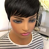 cheap Human Hair Capless Wigs-Pixie Cut Wig Human Hair Wigs For Black Women Short Human Hair Wigs with Bangs Pixie Cut Short Straight Black Wigs Full Machine Made Glueless Wigs