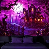 levne halloweenské nástěnné tapisérie-halloween dekorace lovený dům tapisérie černé světlo UV reaktivní záře ve tmě mlhavý hřbitov závěsná tapisérie nástěnná malba do obývacího pokoje ložnice