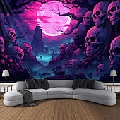 baratos tapeçarias de parede de halloween-Tecido de Halloween Caveiras Tecido de Luz Negra Reativo UV Brilho no Escuro Cemitério Nebuloso Pendurado Arte de Parede Mural para Sala de Estar Quarto