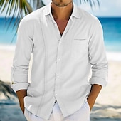 preiswerte Urlaub-Herren Hemd leinenhemd Guayabera Hemd Sommerhemd Strandbekleidung Knopfhemd Glatt Urlaub Curise Schwarz Weiß Dunkelmarine Khaki Langarm Kragen Frühling Sommer Bekleidung