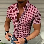 cheap Geometric Pattern-Men&#039;s Geometric Pattern Lattice Shirt Short Sleeve Designer Beach Casual Summer Turndown Print Black White Red Blue Green