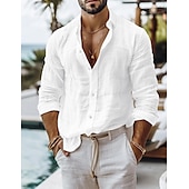 cheap Vacation-Men&#039;s Shirt Linen Shirt Summer Shirt Beach Wear Button Up Shirt Plain Casual Daily Black White Pink Blue Long Sleeve Collar Spring &amp; Summer Clothing Apparel