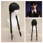 baratos Perucas de personagens de filmes-Perucas Wednesday Addams Longa Peruca Trançada Preta Cabelo Natural Macio com Touca de Peruca Tranças Perucas Sintéticas para Festa Cosplay Perucas Halloween
