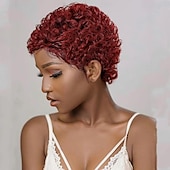 voordelige Kaploze pruiken van echt haar-kort krullend menselijk haar pruiken voor vrouwen 100% Braziliaanse maagd kort menselijk haar pixie-cut pruiken korte bob krullend niet-kant menselijk haar pruiken