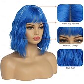 abordables Perruques de fête-perruques courtes pour femmes perruque bob ondulée avec frange cheveux synthétiques de longueur moyenne vague d&#039;eau racines foncées perruque carnaval cosplay perruques de fête
