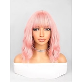 economico Parrucche da festa-parrucca sintetica riccia rimbalzante parrucca con frangia ordinata 12 pollici rosa capelli sintetici parrucche rosa da carnevale da donna