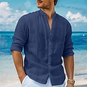 economico Vacanza-Per uomo Camicia camicia di lino Camicia Guayabera Camicia con colletto a fascia Camicia estiva Camicia da spiaggia Liscio Da mare Curise Bianco Blu marino Verde Cachi Manica lunga A fascia Primavera