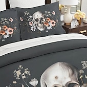 baratos Quarto de Halloween-Conjunto de capa de edredom com caveira floral de Halloween – inclui capa de edredom e fronhas – design assustador e festivo – tecido macio e confortável – perfeito para decoração de casa de Halloween
