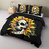 baratos Quarto de Halloween-Conjunto de capa de edredom com caveira floral de Halloween – inclui capa de edredom e fronhas – design assustador e festivo – tecido macio e confortável – perfeito para decoração de casa de Halloween