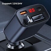 preiswerte Auto Ladegerät-einziehbarer Autoladeadapter mit Typ-C-Kabel Lightning 2 USB-Anschlüsse Autoadapter mit Spannungsanzeige PD 45 W