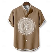 Men's Ethnic Shirt Button Up Shirt Short Sleeve Casual Tribal Vacation Daily Summer Spring Grandad Collar Band Collar Buttons Print Black Blue Khaki 8