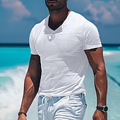 economico T-shirt in Cotone e Lino-Per uomo Maglietta Maglie traspiranti Manica Corta Scollo a V Semplice Sport Essenziale Casual Casuale Blu chiaro Nero Bianco Maglietta Top per Uomo