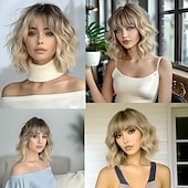 cheap Party Wigs-Ombre Blonde Wigs for Women Short Wavy Wig with Bangs Ash Blonde Bob Wig with Dark Roots Medium Length Natural Synthetic Hair for Daily Party&amp;amp Cosplay Halloween Wigs