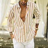 preiswerte Business Casual-Herren Hemd Leinenhemd Sommerhemd Freizeithemd Strandhemd Knopfhemd Gestreift Urlaub Ferien Schwarz Gelb Rosa Rot Langarm Umlegekragen Frühling &amp; Herbst Bekleidung Button-Down