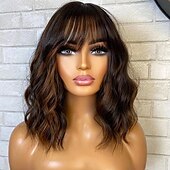 baratos Perucas de seda frontais de cabelo natural-Cabelo humano remy 13x4 Lace Front Peruca Bob curto Franja Lisa Cabelo Brasileiro Ondulado Multi Cores Peruca 130% 150% Densidade do Cabelo Cabelo com Luzes / Reflexos 100% Virgem Sem cola