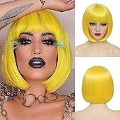baratos Perucas de festa-Peruca Bob com Franjas Peruca Bob Curta Branca para Mulheres Peruca Reta Bob com Franjas de 10 Polegadas Resistente ao Calor Cabelo Sintético Natural para Uso Diário e de Festa Perucas de Halloween