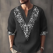 cheap Ethnic Pattern-Men&#039;s Ethnic Shirt Button Up Shirt Henley Shirt Long Sleeve Casual Tribal Vacation Daily Summer Spring Fall Collarless V Neck Print Black White Blue Orange