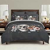 baratos Quarto de Halloween-Conjunto de capa de edredom com caveira floral de Halloween – inclui capa de edredom e fronhas – design assustador e festivo – tecido macio e confortável – perfeito para decoração de casa de Halloween
