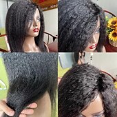 cheap Human Hair Capless Wigs-Human Hair Wig Short Medium Length kinky Straight Yaki Straight Side Part With Bangs Black Natural Color Natural Black Women Adjustable Thick Machine Made Capless Brazilian Hair All Natural Black #1B