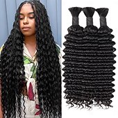 cheap 3 Bundles Human Hair Weaves-300g Deep Wave Bulk Human Hair For Braiding 100% Unprocessed Bulk Human Hair Extensions No Weft Curly Human Hair For Braiding