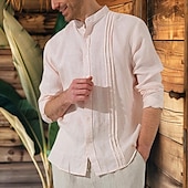 halpa Miesten Elite-paidat-Miesten Paita Pellava paita Button Up paita Tavallinen ulko- Loma Valkoinen Punastuvan vaaleanpunainen Pitkähihainen Pystykaulus 봄 &amp; Syksy Vaatetus Rypytetty