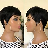 cheap Human Hair Capless Wigs-Pixie Cut Wig Human Hair Wigs For Black Women Short Human Hair Wigs with Bangs Pixie Cut Short Straight Black Wigs Full Machine Made Glueless Wigs