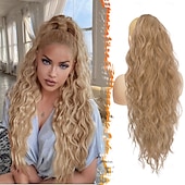 billige Hestehaler-rød hestehale extension - 26 tommer hestehale hair extensions med snøring for kvinner - lang krøllete bølgete syntetiske klips i falske hestehale frisyrer jenter daglig fest - kobberrød