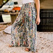 voordelige wijde pijpen en hoge taille-Dames Breed Been Broeken Modieus Lang Bloemig Breed Been Elastische tailleband Opdrukken Ademend Comfortabel Micro-elastisch Casual / Dagelijks Regenboog Lente zomer Ruim Passend