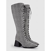 billige Mote støvler-vintage svart-hvitt rutete lace-up knehøye støvletter for kvinner med blokkhæl for uformell høst- og vintermote