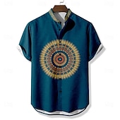 Men's Ethnic Shirt Button Up Shirt Short Sleeve Casual Tribal Vacation Daily Summer Spring Grandad Collar Band Collar Buttons Print Black Blue Khaki 9