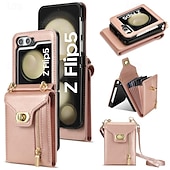cheap Samsung Cases-Phone Case For Samsung Galaxy Z Flip 6 Z Flip 5 Z Flip 4 Z Flip 3 Flip Cover Zipper with Lanyard Card Slot Retro PC PU Leather