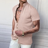 cheap Business Casual-Men&#039;s Shirt Linen Shirt Chinese Collar Shirt Mandarin Collar Shirt Casual Shirt Button Up Shirt Plain Vacation Street Black White Pink Khaki Short Sleeve Grandad Collar Summer Clothing Apparel