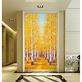 abordables Peintures paysages-grand art peint à la main vertical jaune tan bouleau forêt automne paysage peinture épaisse couteau à palette peinture à l&#039;huile sur toile sans cadre