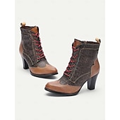 cheap Vintage Boots-Women&#039;s Vintage Lace-Up Ankle Boots - Stylish Patchwork High Heels for Oktoberfest, Casual, and Formal Wear