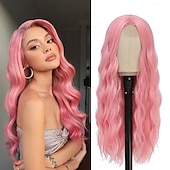 economico Parrucche da festa-Parrucca Rosa - Parrucche Lunghe Rosa Ondulate per Donne con Divisione Centrale Parrucca Rosa Pastello 26 pollici Parrucca Naturale Riccia in Fibra Sintetica Resistente al Calore per Uso Quotidiano